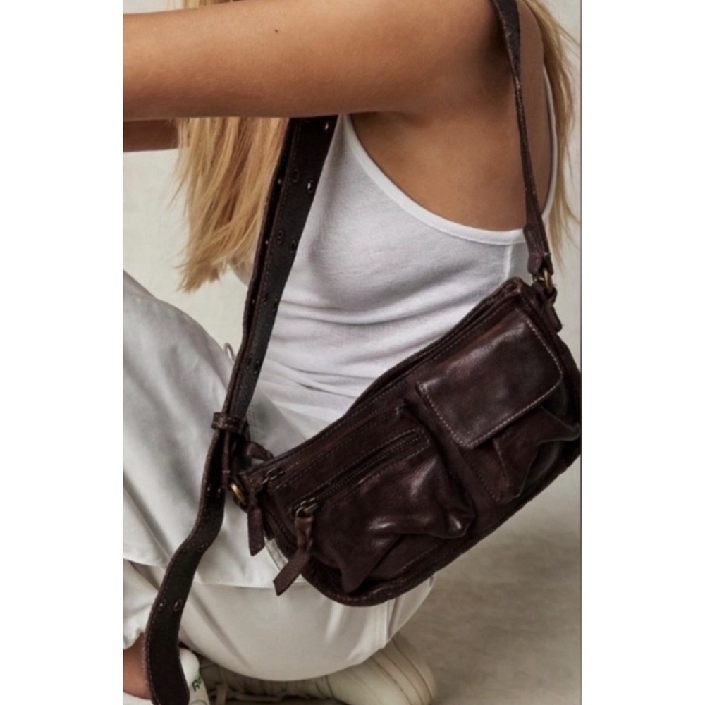 NWT Free People Wade Leather Sling Bag Cognac Brown Crossbody Buckle Strap